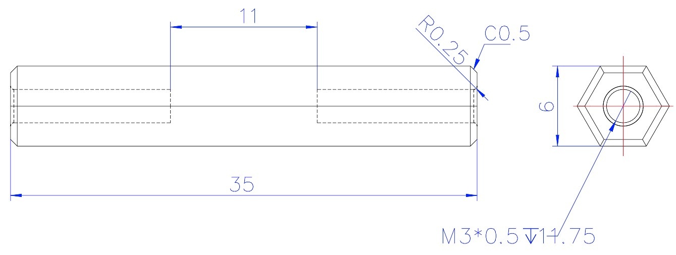76159-6mm-x-35mm-Hex-Shaft-CAD Drawing