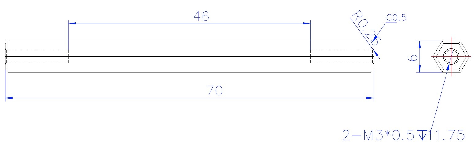 76160H-6mm-x-70mm-Hex-Shaft-CAD Drawing