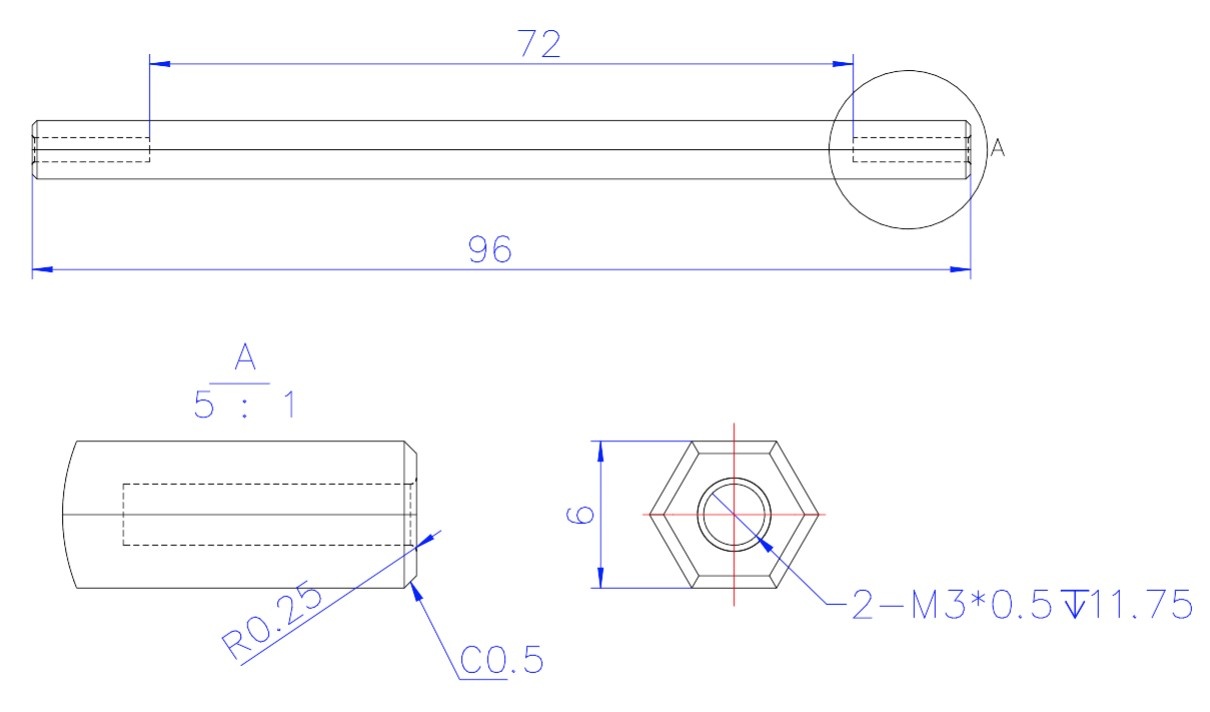 76161H-6mm-x-96mm-Hex-Shaft-CAD Drawing