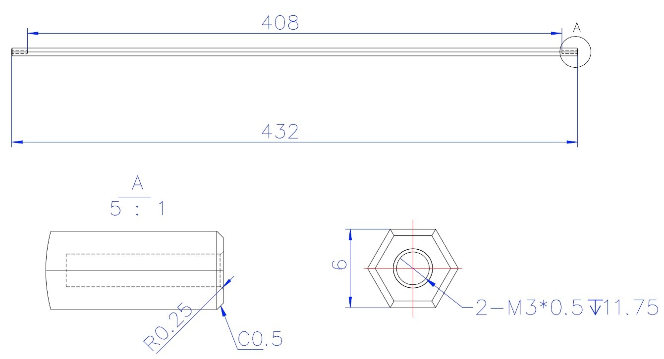 76162H-6mm-x-432mm-Hex-Shaft-CAD Drawing