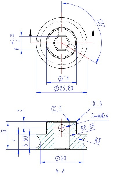 76235H-20mm-OD-Round-Groove-Hex-shaft-Pulley-CAD drawing
