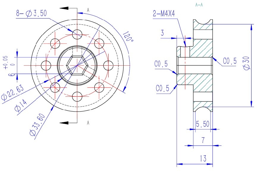 76236H-30mm-OD-Round-Groove-Hex-shaft-Pulley-CAD Drawing