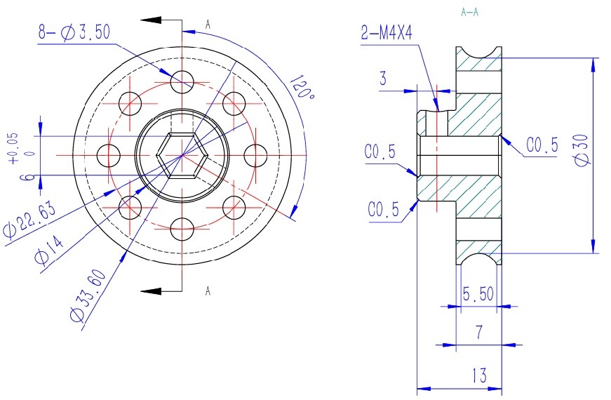 76237H - 40mm OD Round Groove Pulley - 6mm Hex CAD drawing