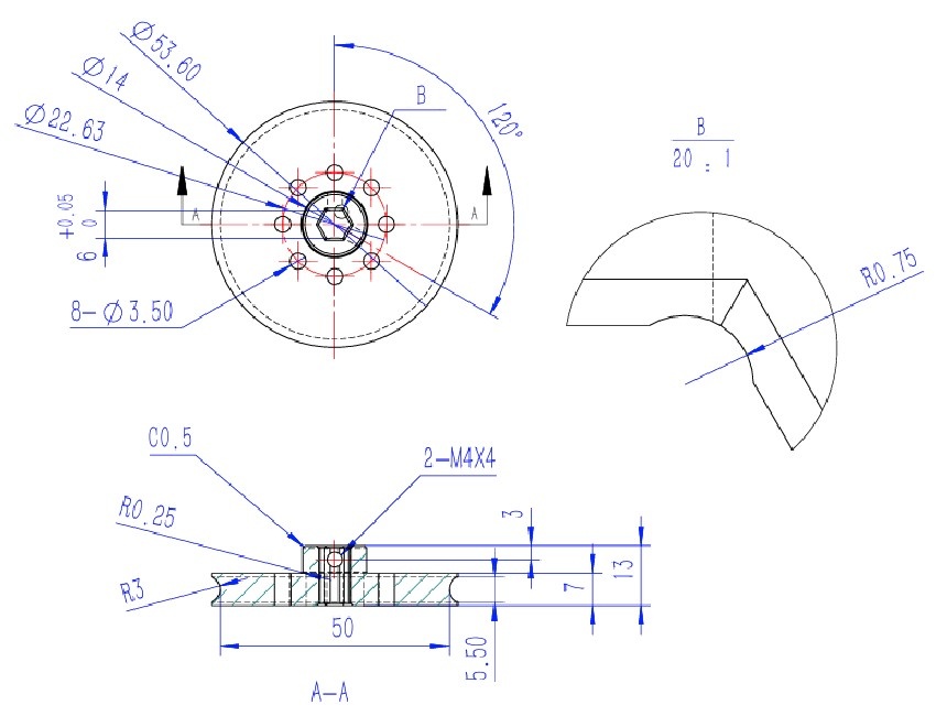 76238H - 40mm OD Round Groove Pulley - 6mm Hex CAD drawing