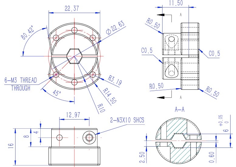 76281H-Clamping-6mm-Hex-Shaft-Hub-CAD Drawing