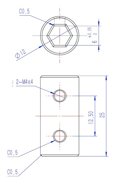76303H-6mm-Hex-Shaft-Coupling-12mm-OD-CAD Drawing
