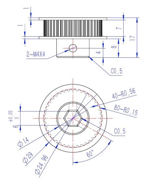 76452H-40-Tooth-GT2-Timing-Belt-6mm-Hex-Shaft-Pulley-CAD Drawing