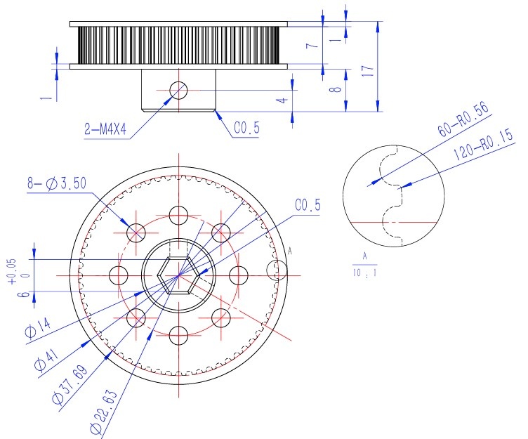 76453H-60-Tooth-GT2-Timing-Belt-6mm-Hex-Shaft-Pulley-CAD drawing